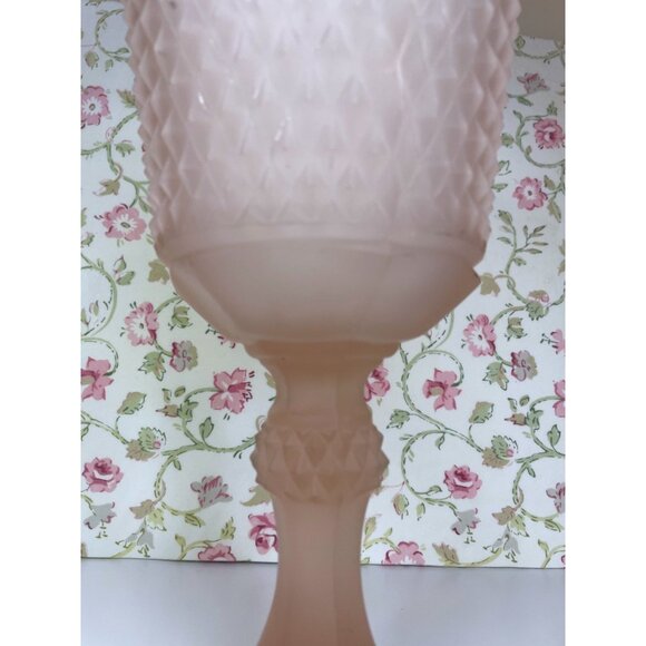 Vintage Pink Satin Diamond Point Chalice Vase, Frosted Depression Glass - Picture 9 of 11